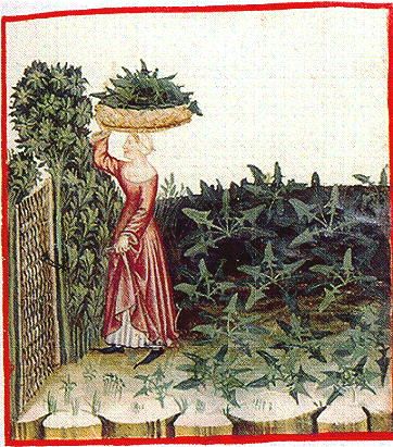 Vrouw met mand spinazie op het hoofd - eind 14de eeuw